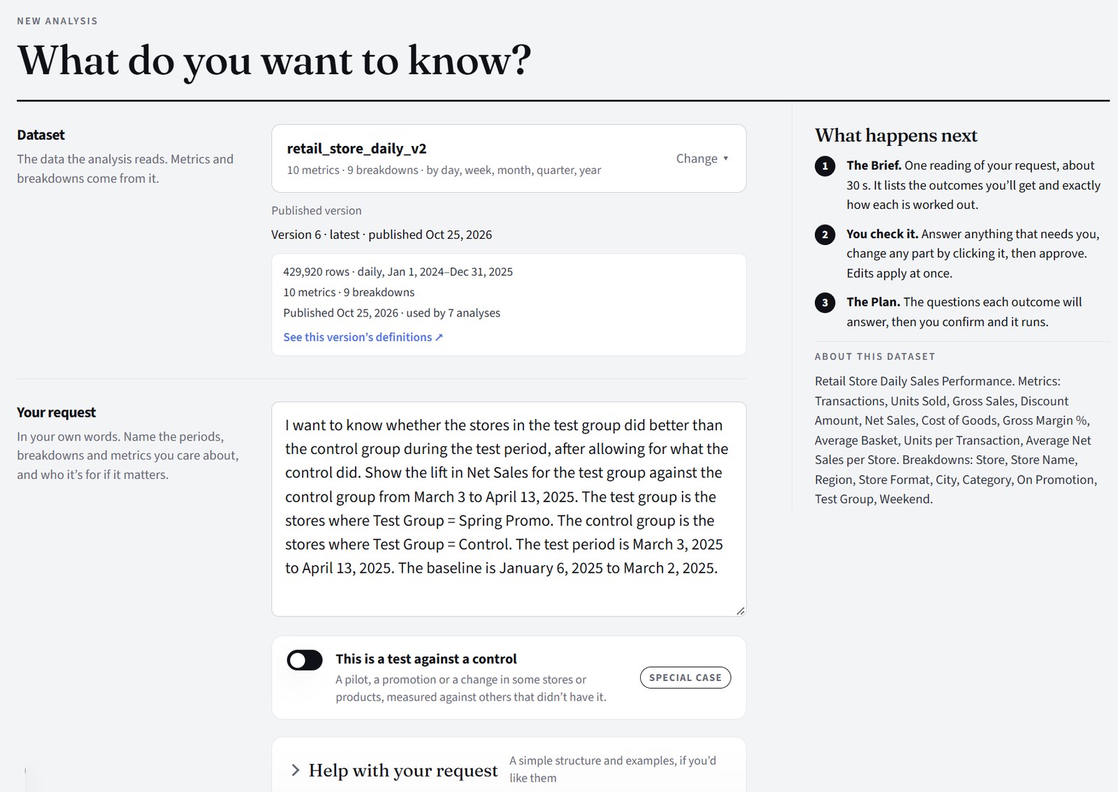 What do you want to know? The dataset and its published version, the request in plain words, and the “This is a test against a control” switch